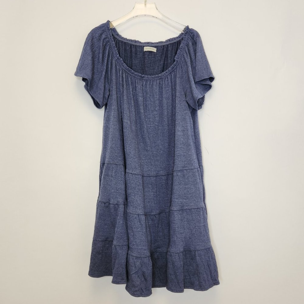 Max Studio Tiered Sun Dress Large Blue Scoop Neck Flutter Short Sleeve Stretch